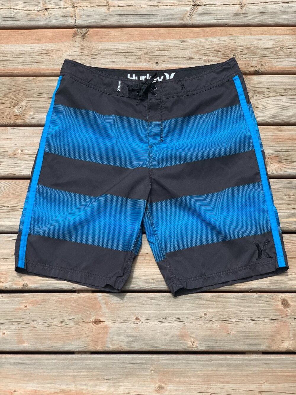 Hurley Board Shorts Mens 36 Blue Black Striped Unlined Beach Surfing Swim Trunks